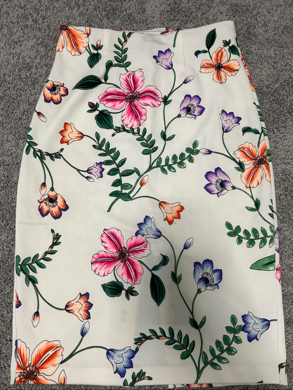 Express Floral Pencil Skirt in White with Pink, Orange & Purple Blooms